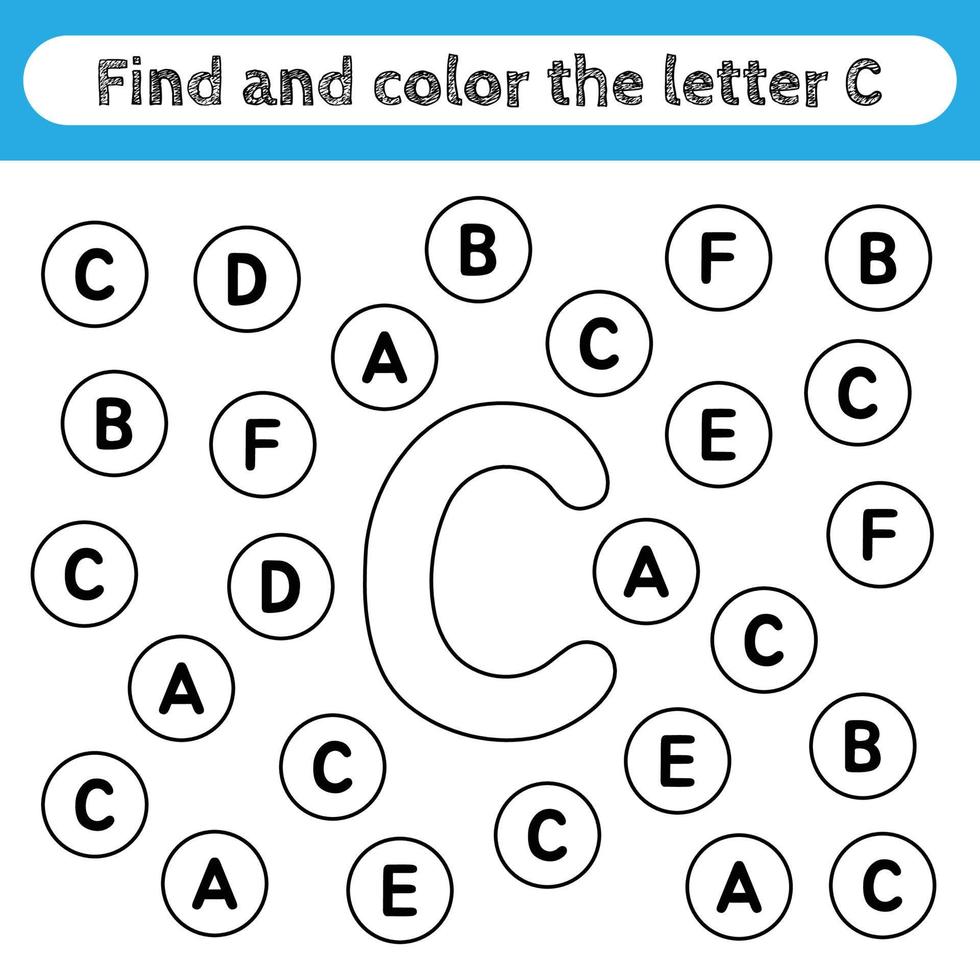 hojas de trabajo de aprendizaje para niños, encontrar y colorear letras. juego educativo para reconocer la forma del alfabeto. letra c vector