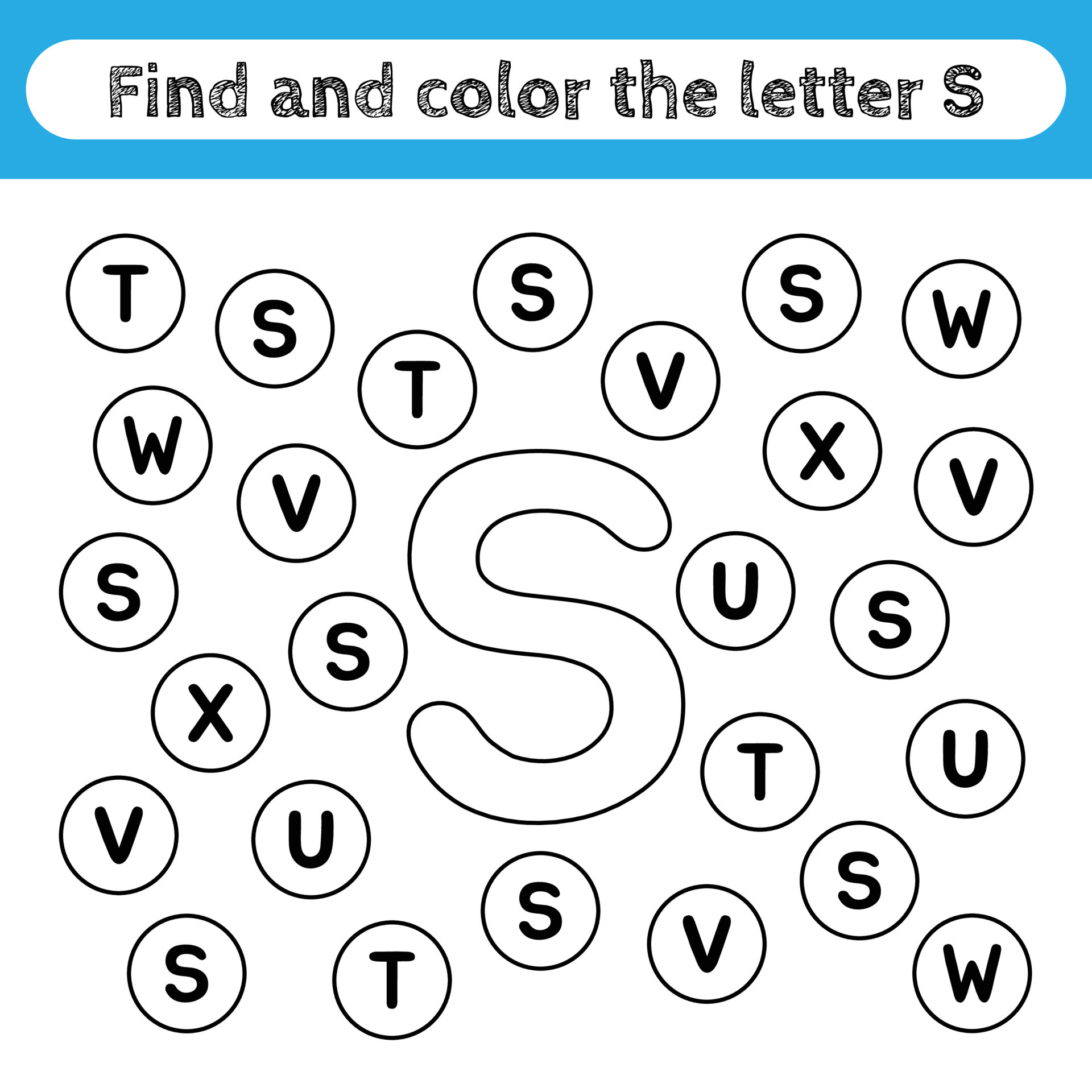 Learning worksheets for kids, find and color letters. Educational game