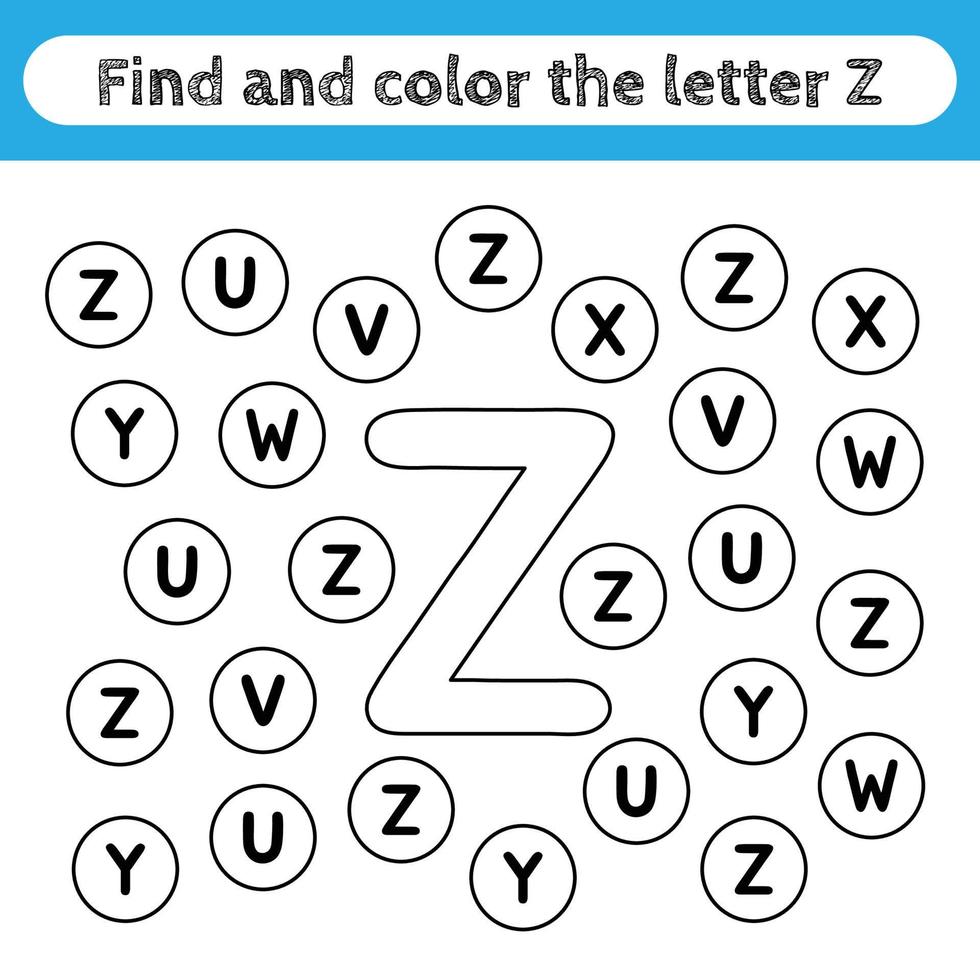 Learning worksheets for kids, find and color letters. Educational game to recognize the shape of the alphabet. Letter Z. vector