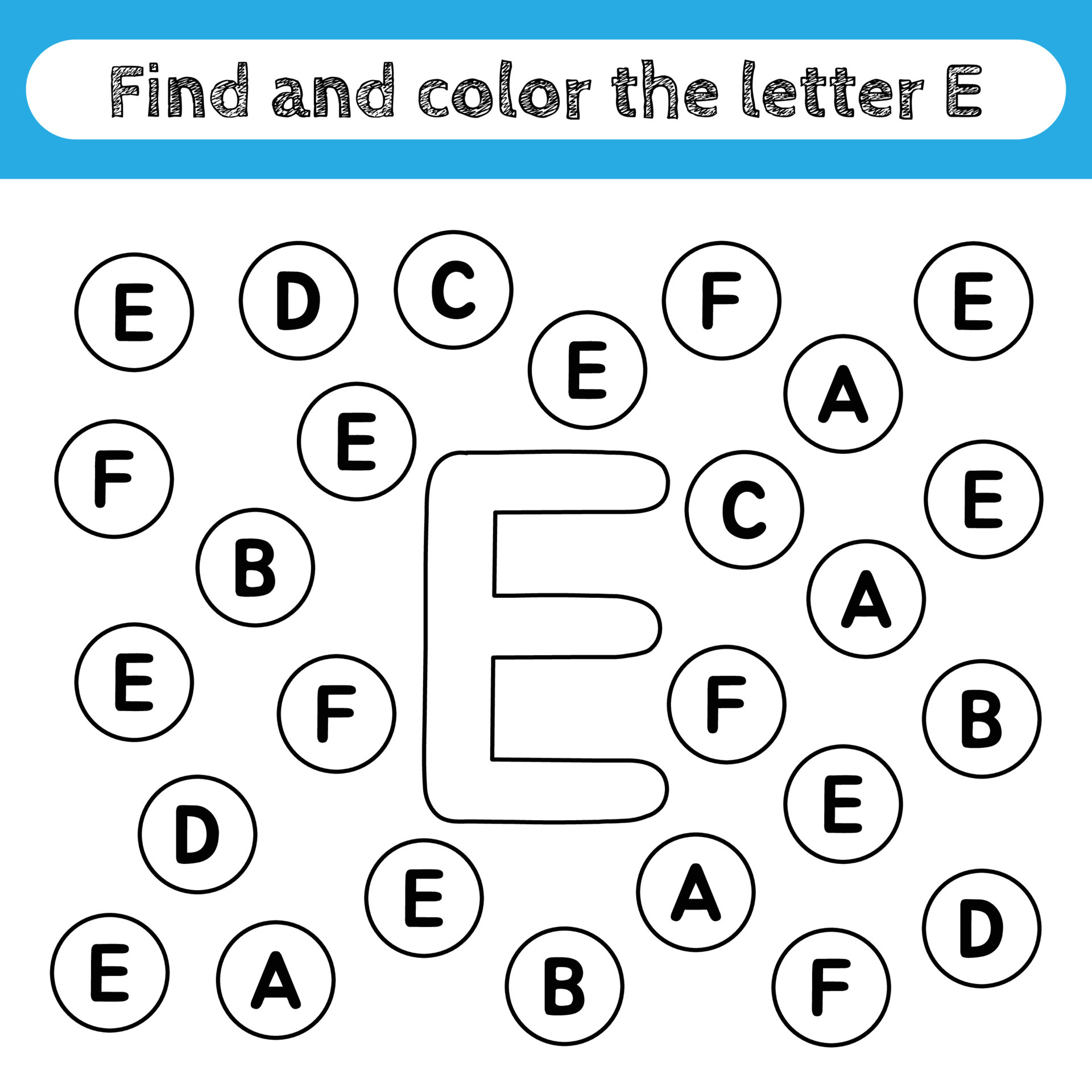 Learning worksheets for kids, find and color letters. Educational game to recognize the shape of the alphabet. Letter E. 5096089 Vector Art at Vecteezy Learning worksheets for kids, find and color letters. Educational game to recognize the shape of the alphabet. Letter E. 5096089 Vector Art at Vecteezy