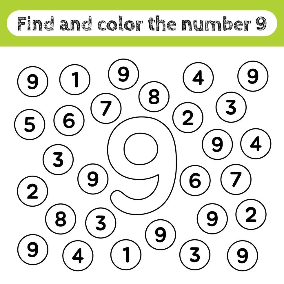 Learning worksheets for kids, find and color numbers. Educational game to recognize the shape of the number 9. vector