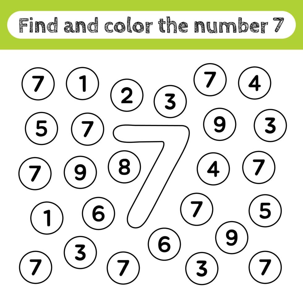 Learning worksheets for kids, find and color numbers. Educational game to recognize the shape of the number 7. vector