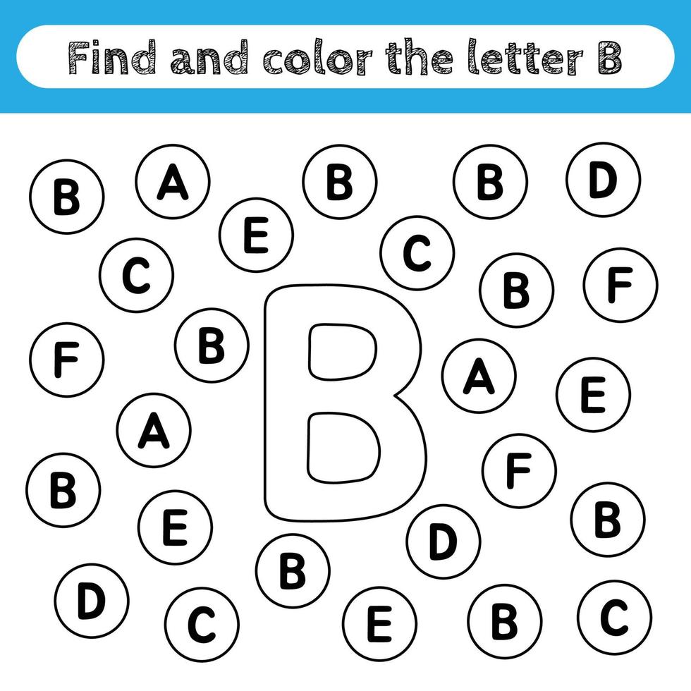 hojas de trabajo de aprendizaje para niños, encontrar y colorear letras. juego educativo para reconocer la forma del alfabeto. letra b. vector