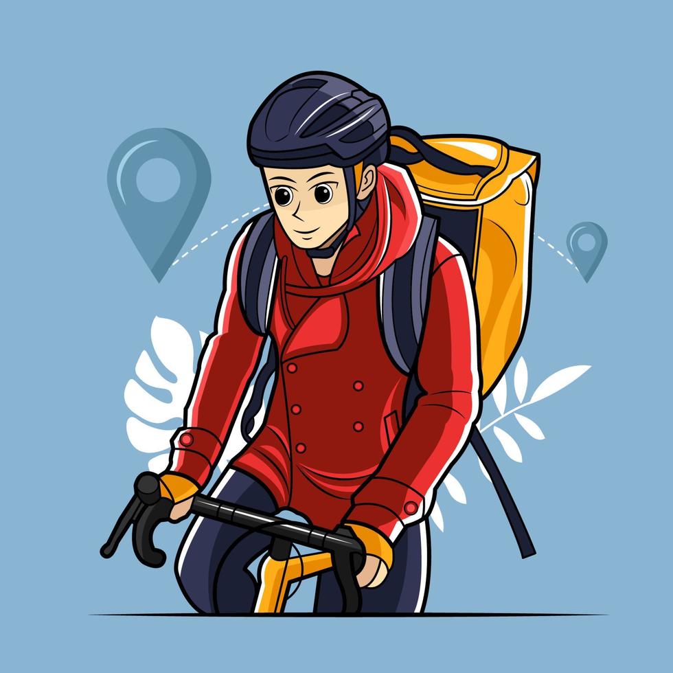 Male courier wearing thermo backpack and cycling city streets in winter illustration pro download vector