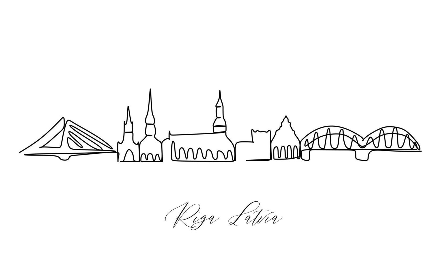 One continuous line drawing Riga city of Latvia skyline. Beautiful landmark. World landscape tourism travel vacation poster. Editable stylish stroke single line draw design vector illustration