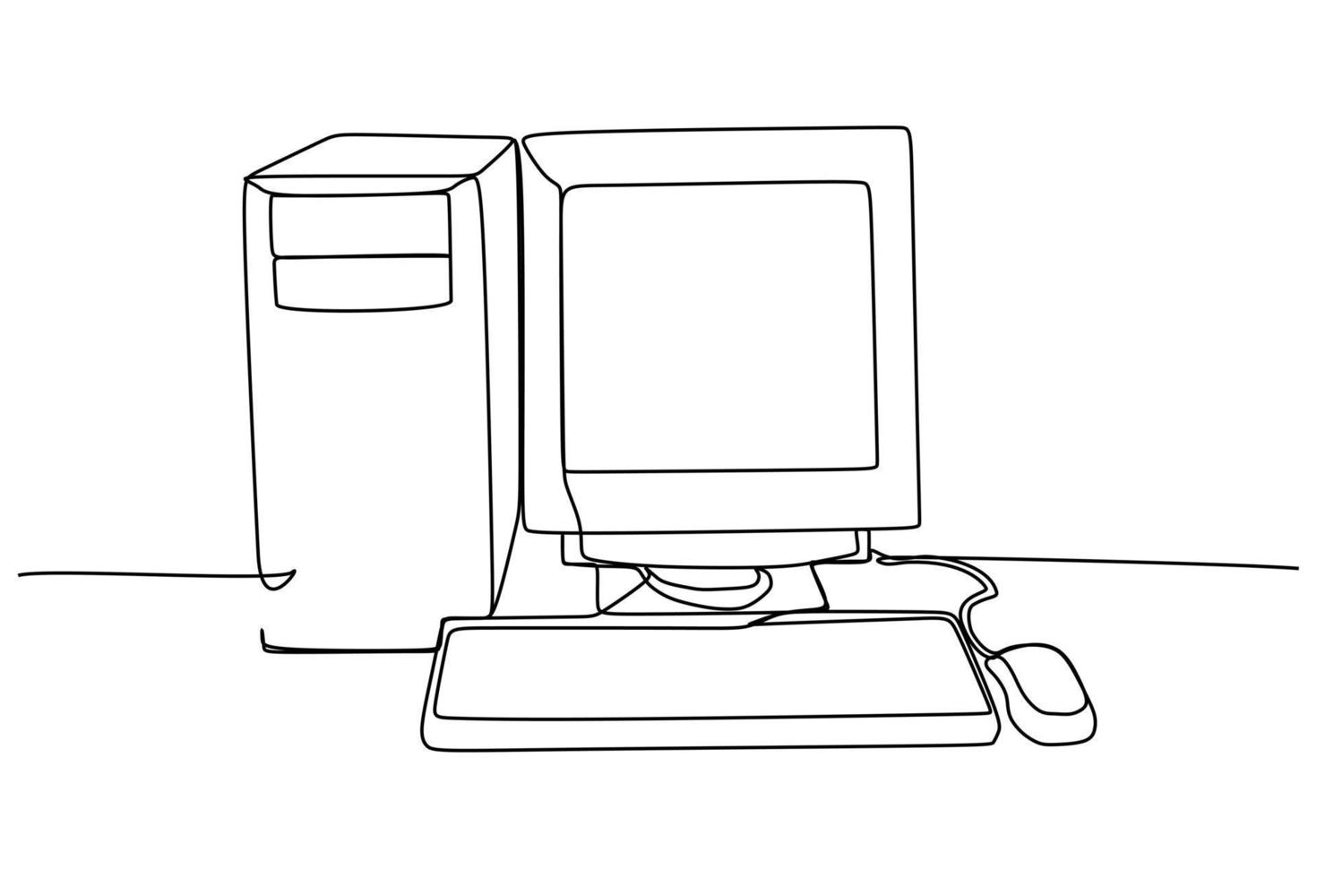 dibujo de línea continua de un escritorio de computadora pc. incluyendo teclado cpu mouse y monitor vector