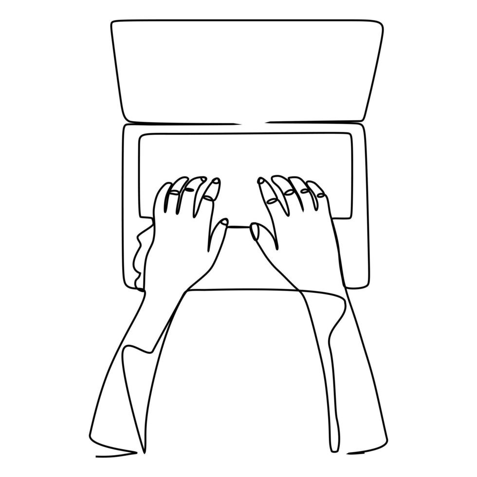 Continuous line drawing of hands on a modern laptop. people typing using computer notebook. vector