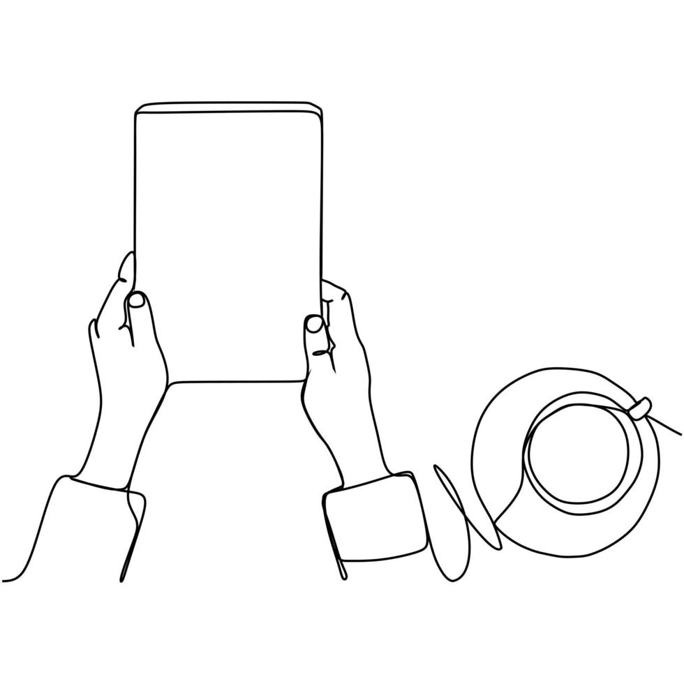 Line drawing of hands hold the tablet phone with a cup of coffee next to it. Editable stylish stroke single line draw design for business vector illustration.
