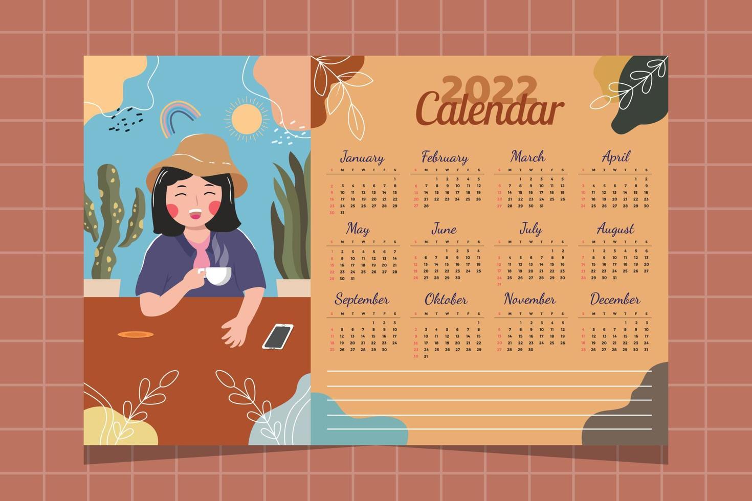 cute calendar 2022 with character vector