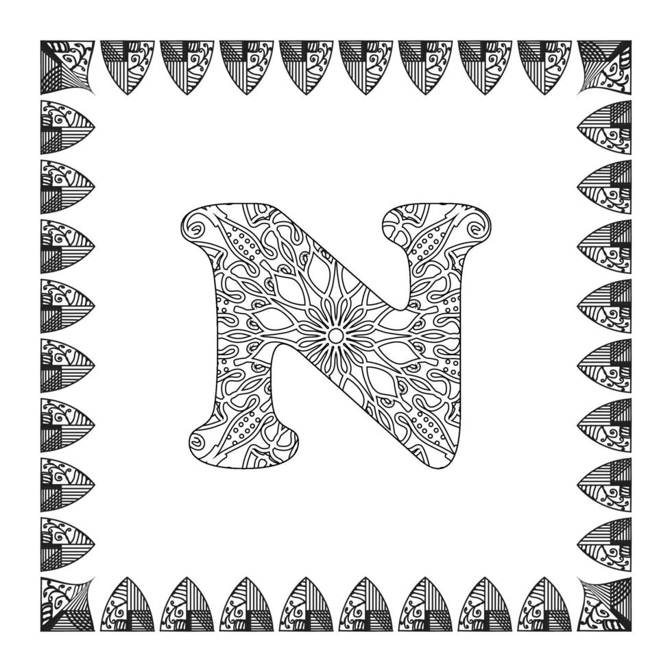 Letter N with Mandala flower. decorative ornament in ethnic oriental style. coloring book page. vector