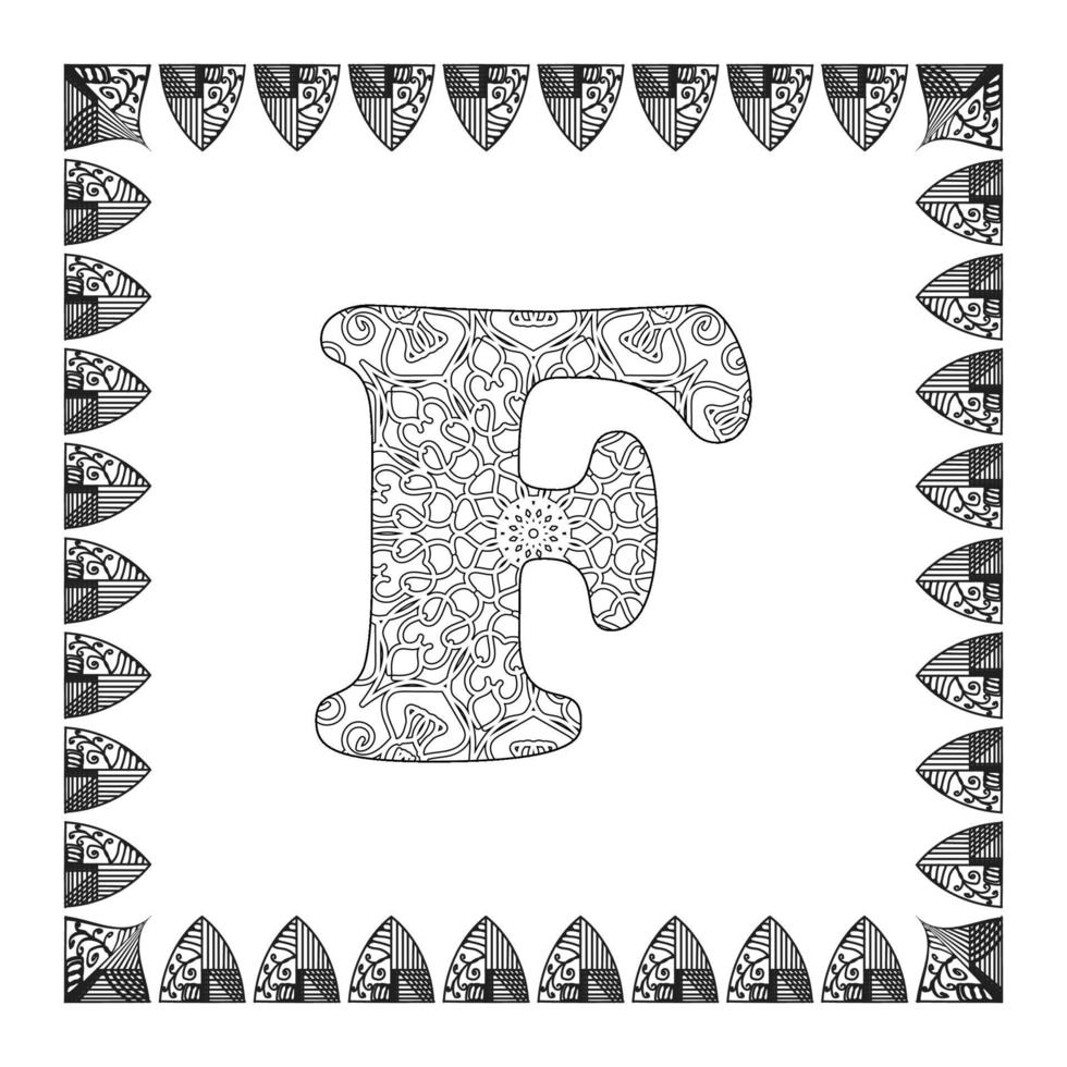 Letter F with Mandala flower. decorative ornament in ethnic oriental style. coloring book page. vector