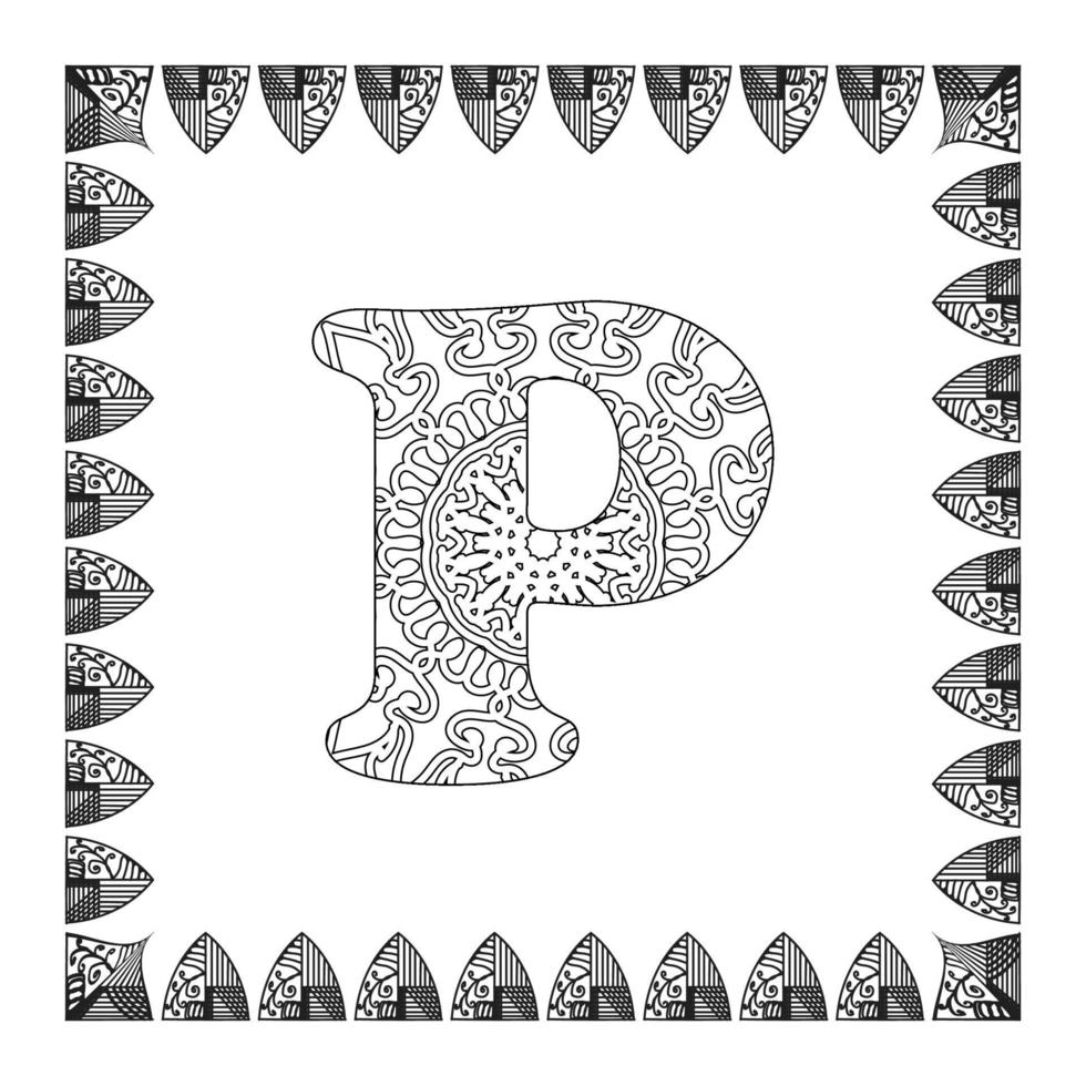 Letter P with Mandala flower. decorative ornament in ethnic oriental style. coloring book page. vector