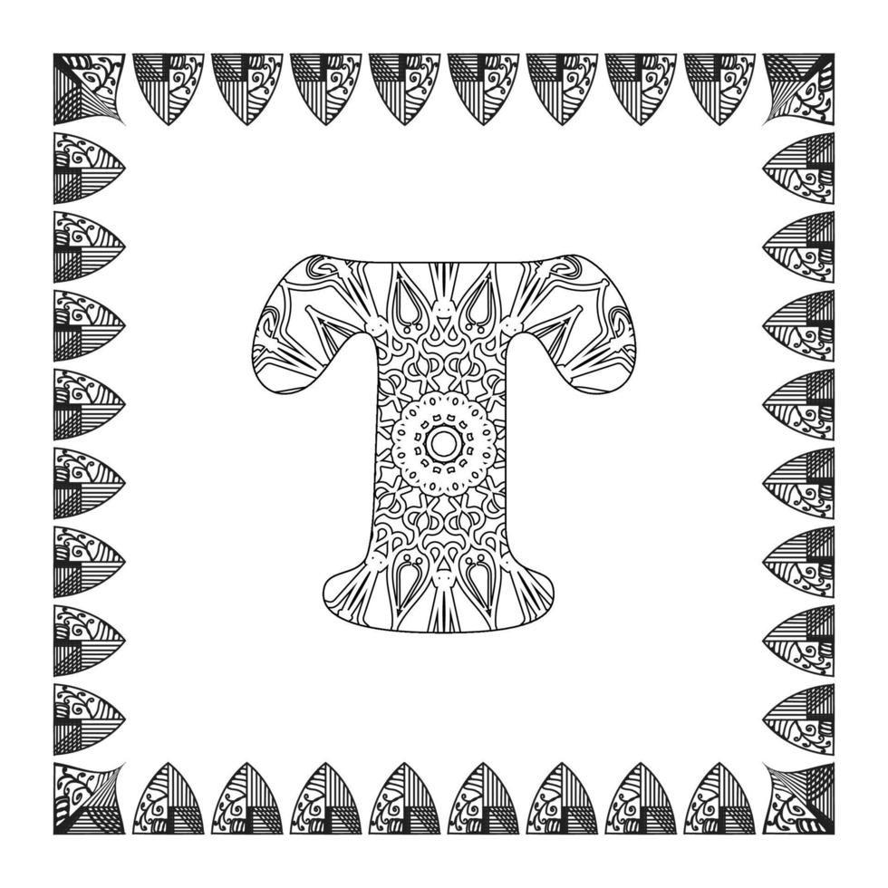 Letter T with Mandala flower. decorative ornament in ethnic oriental style. coloring book page. vector