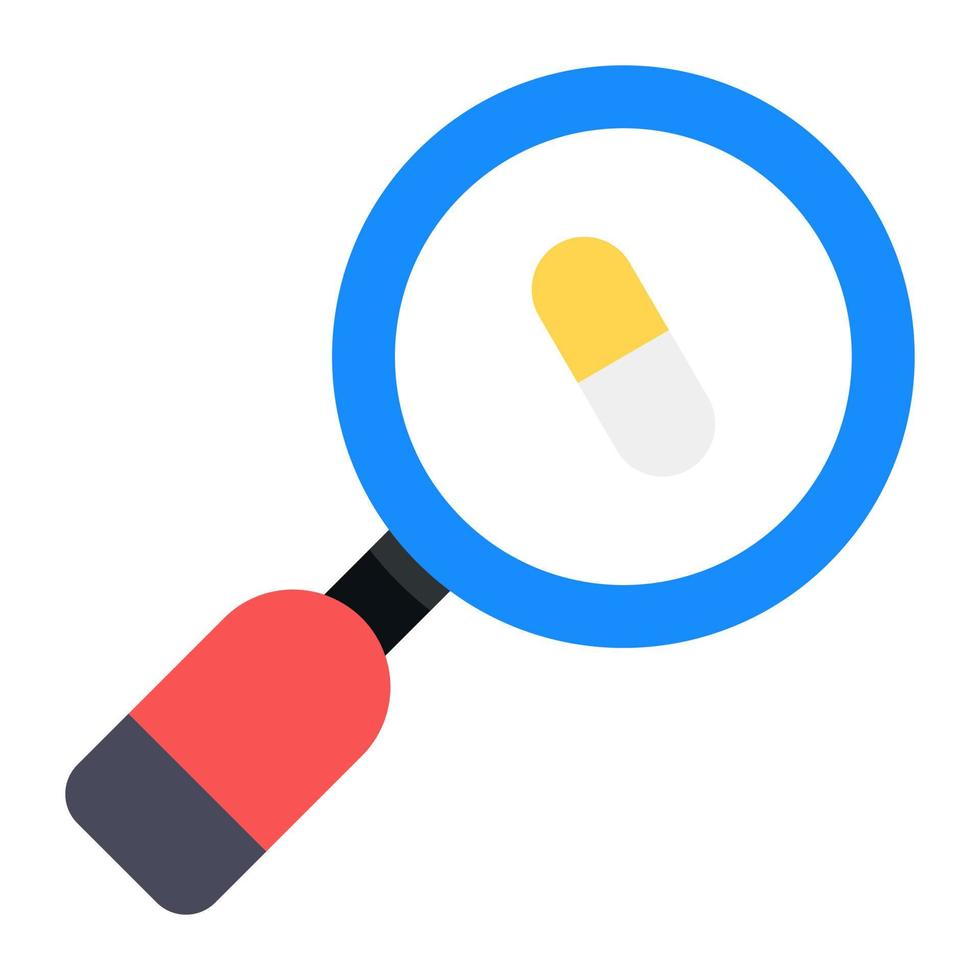 Pill under magnifying glass, search medicine icon vector