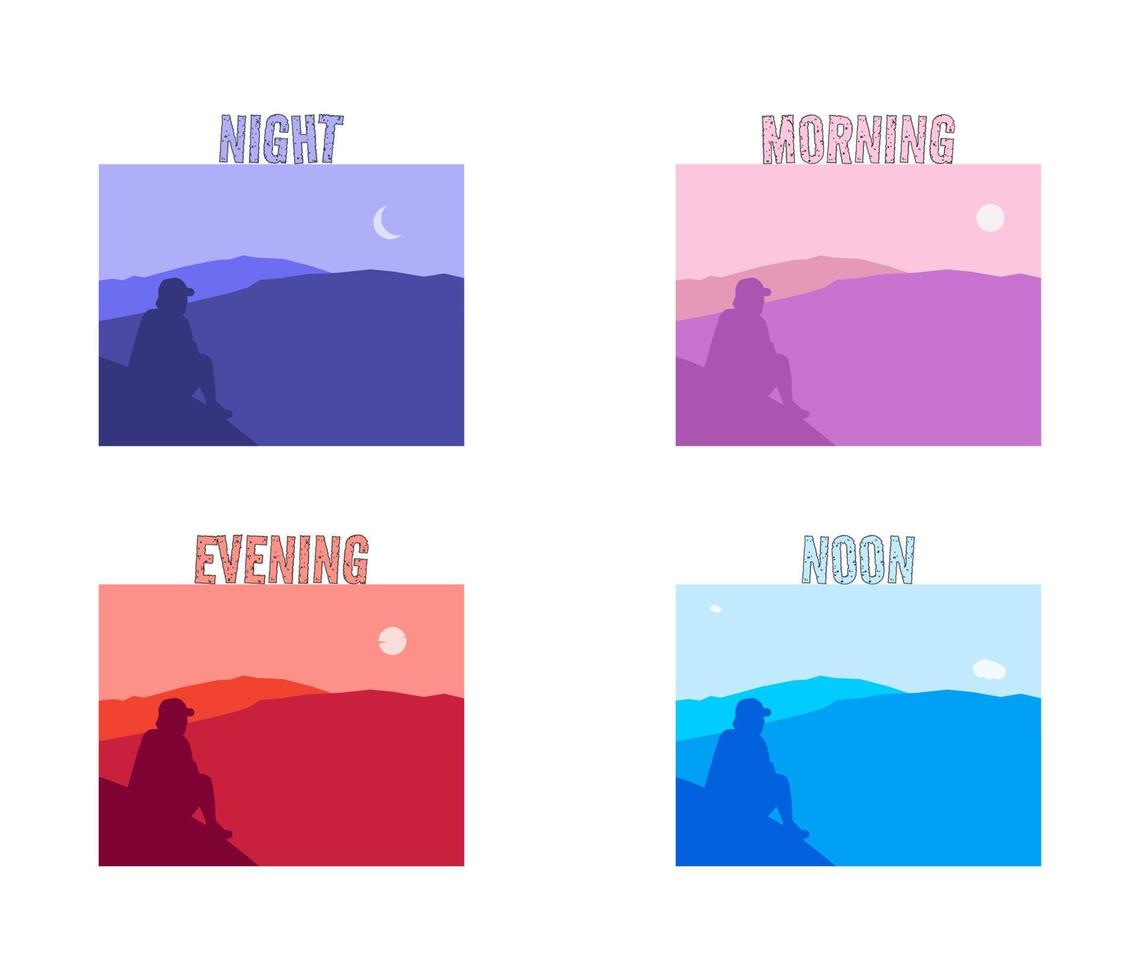 una colección de ilustraciones vectoriales de un hombre sentado en una montaña con una hermosa vista de las montañas. ilustración de montañas en la mañana, mediodía, tarde y noche vector