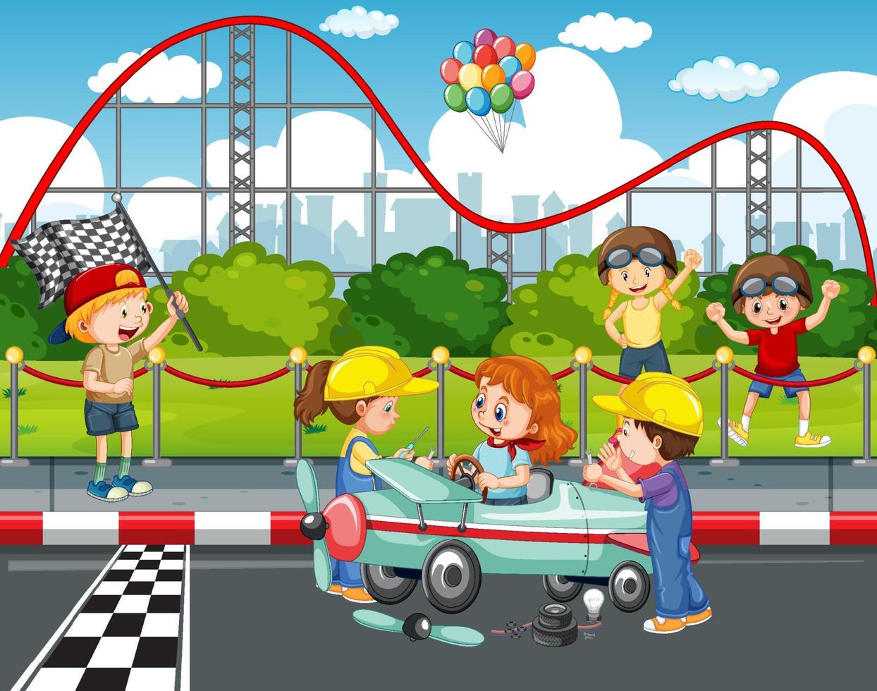 Outdoor scene with children racing car vector