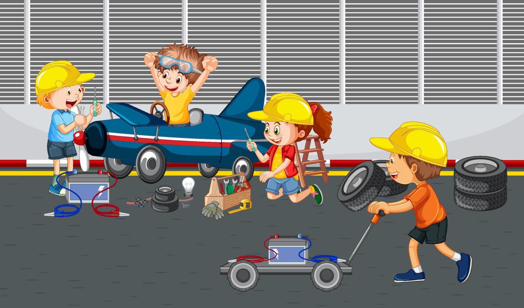 Children repairing a car together in the garage vector