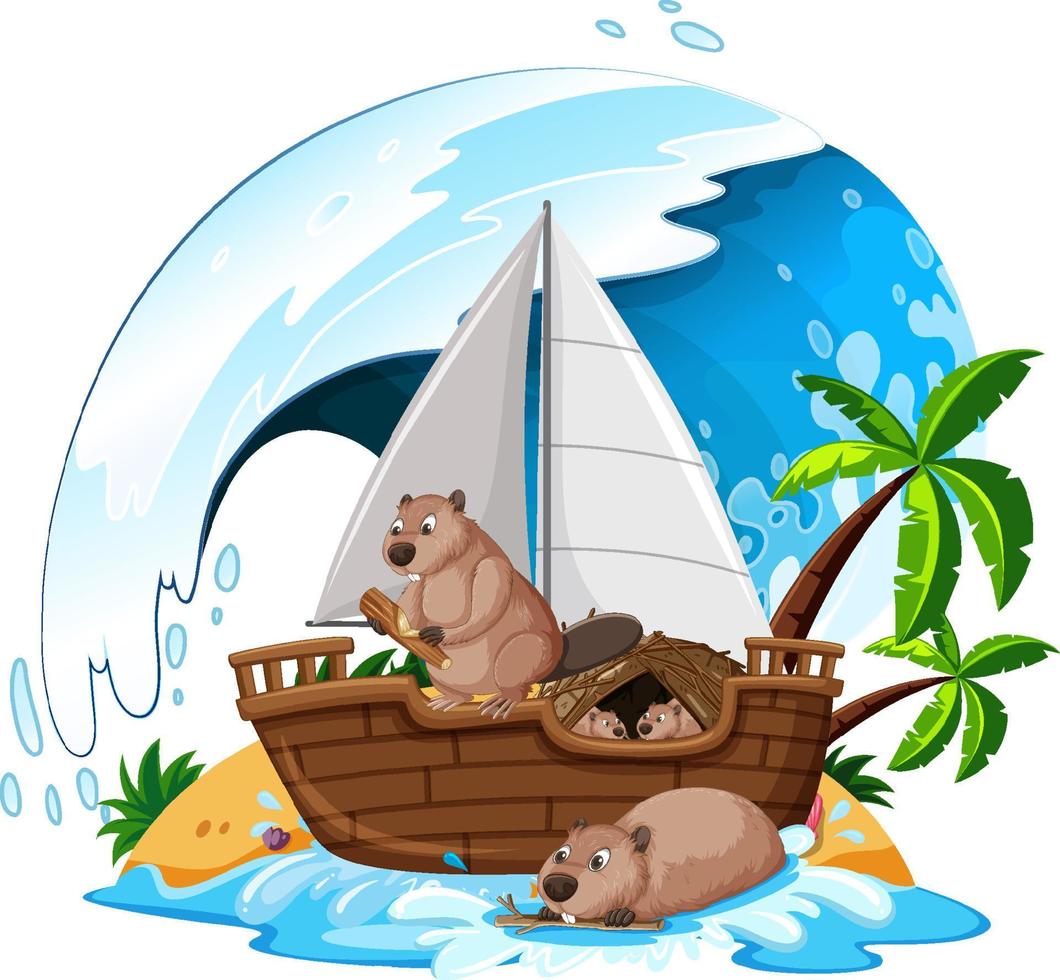 Beavers on sailboat with ocean wave vector