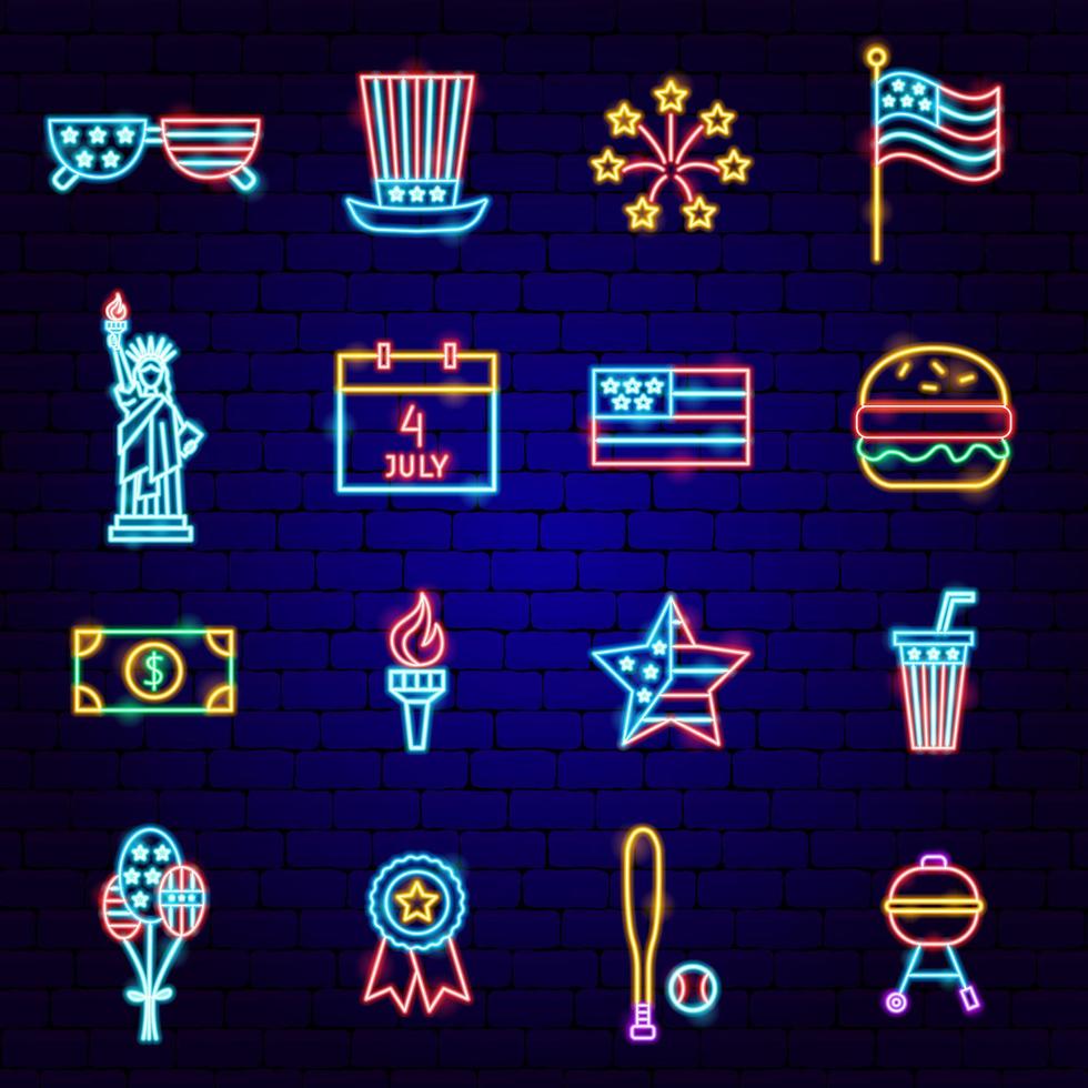 Fourth of July Neon Icons vector