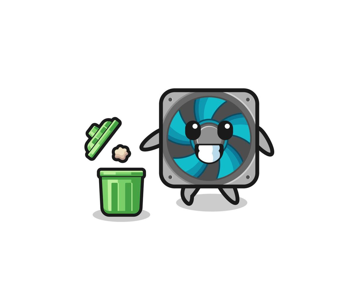 illustration of the computer fan throwing garbage in the trash can vector