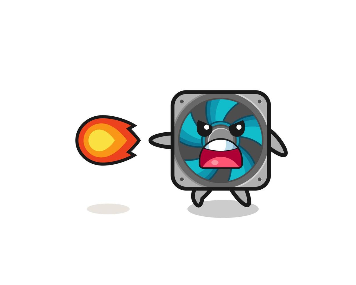 cute computer fan mascot is shooting fire power vector