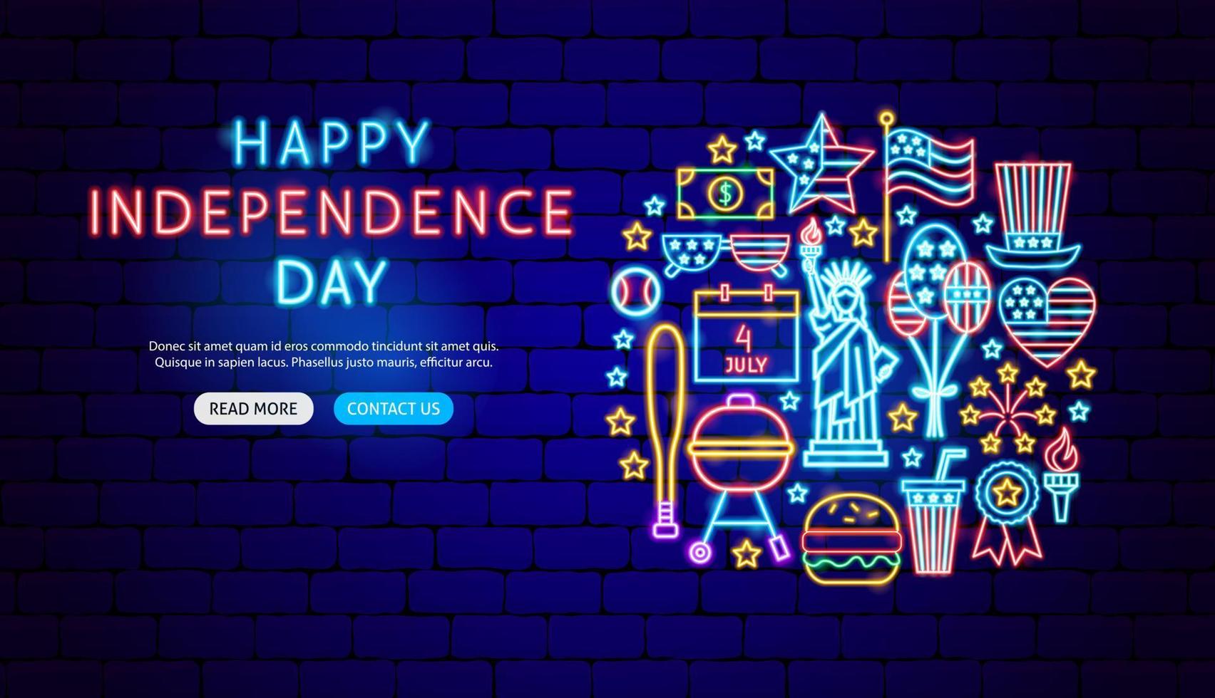 feliz día de la independencia diseño de banner de neón vector