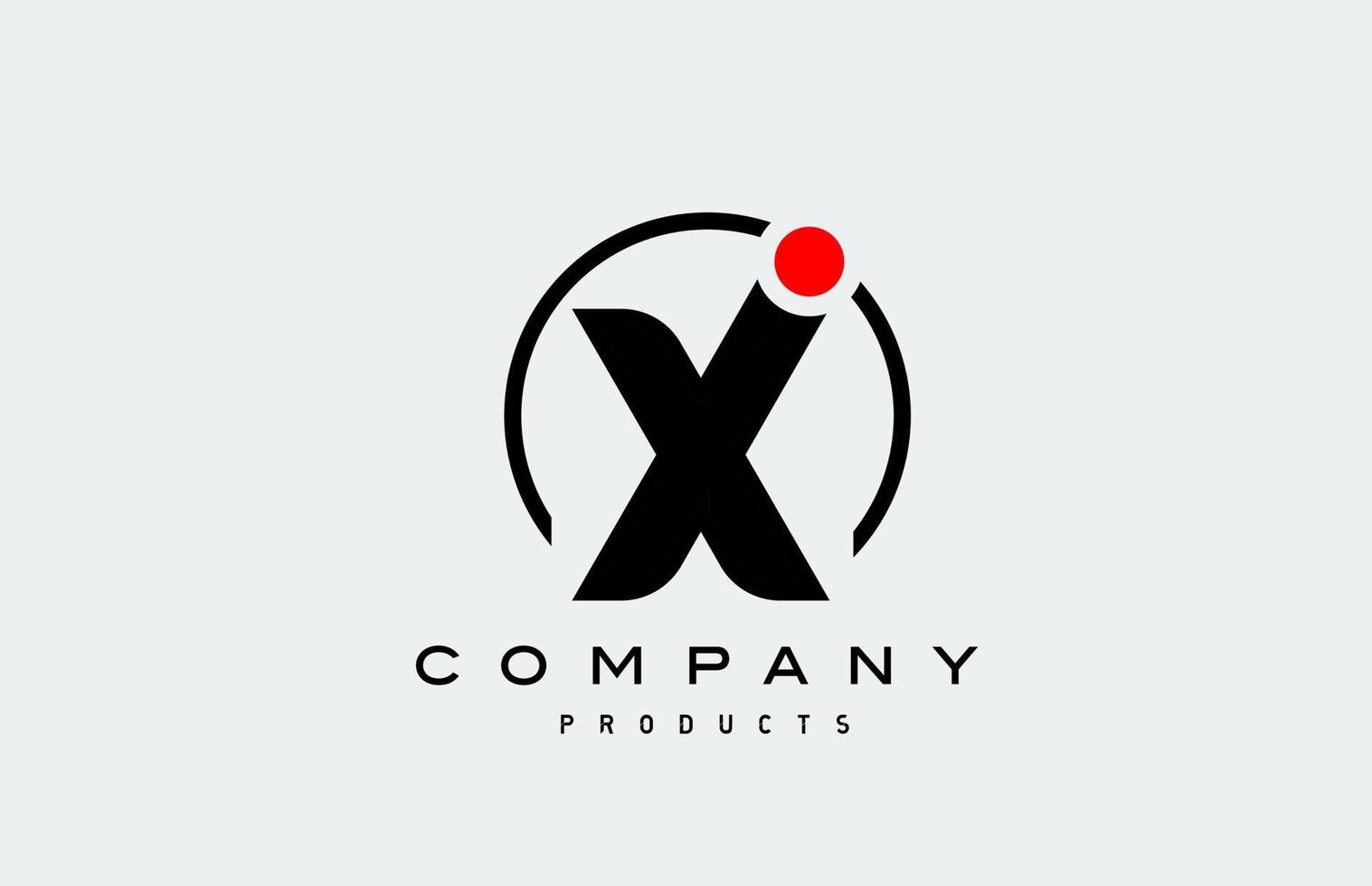 X black white alphabet logo letter icon with circle and red dot vector