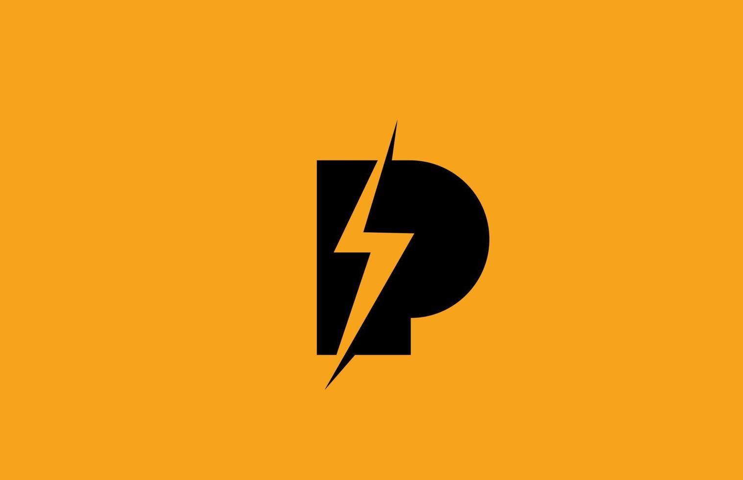 P black yellow alphabet letter logo icon. Electric lightning design for power or energy business vector