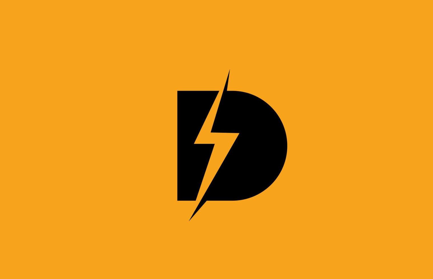 Ícono del logotipo de la letra del alfabeto amarillo negro d. diseño de rayos eléctricos para negocios de energía o energía vector