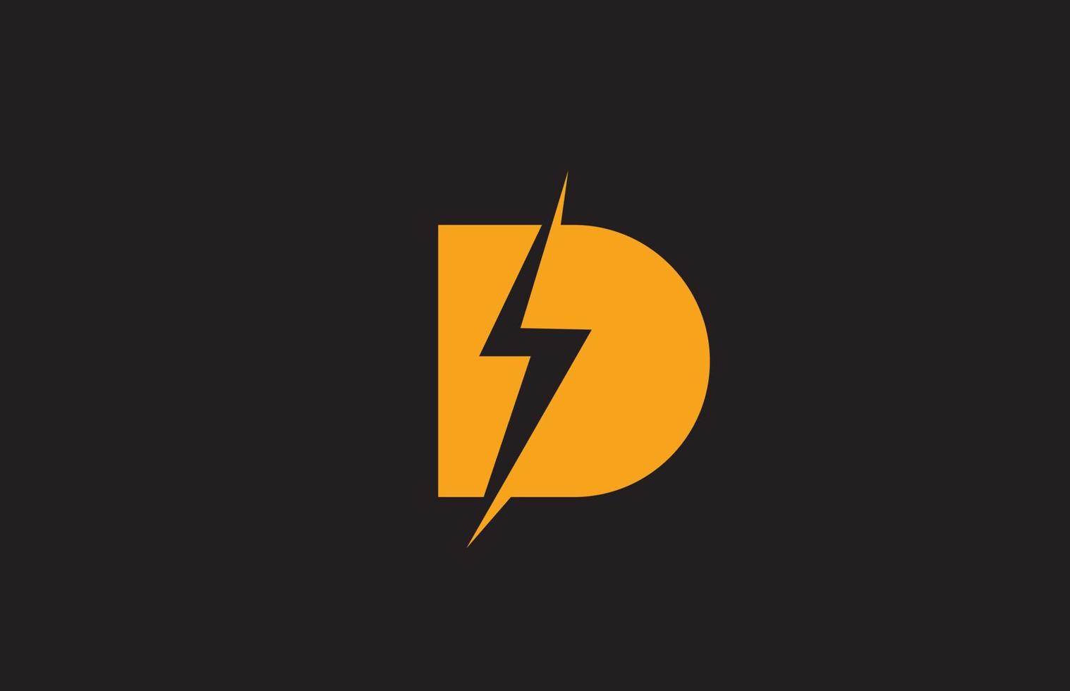 Ícono del logotipo de la letra del alfabeto negro amarillo d. diseño de rayos eléctricos para negocios de energía o energía vector