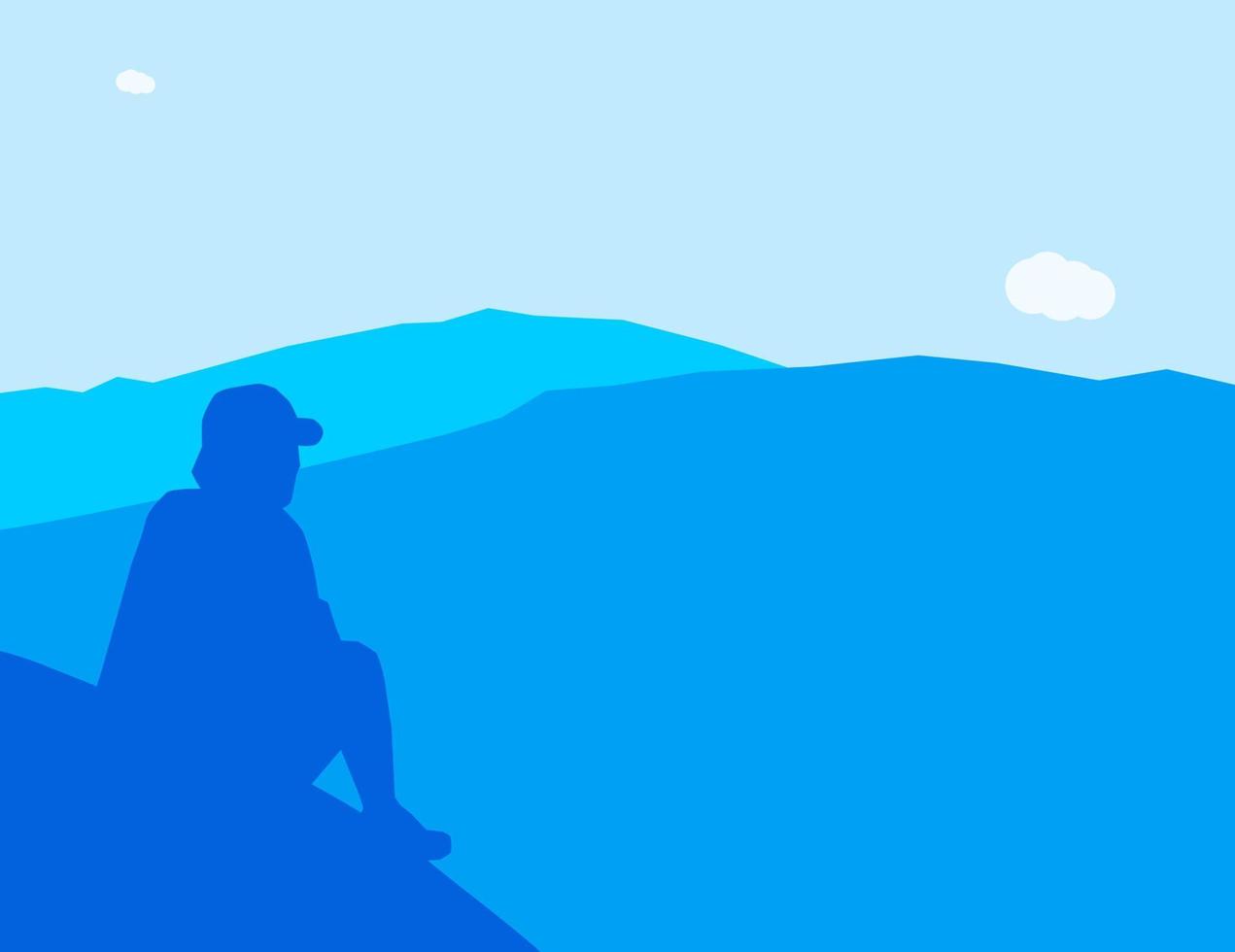 ilustración vectorial de un hombre sentado en una montaña con una hermosa vista de las montañas. ilustración de una montaña vector