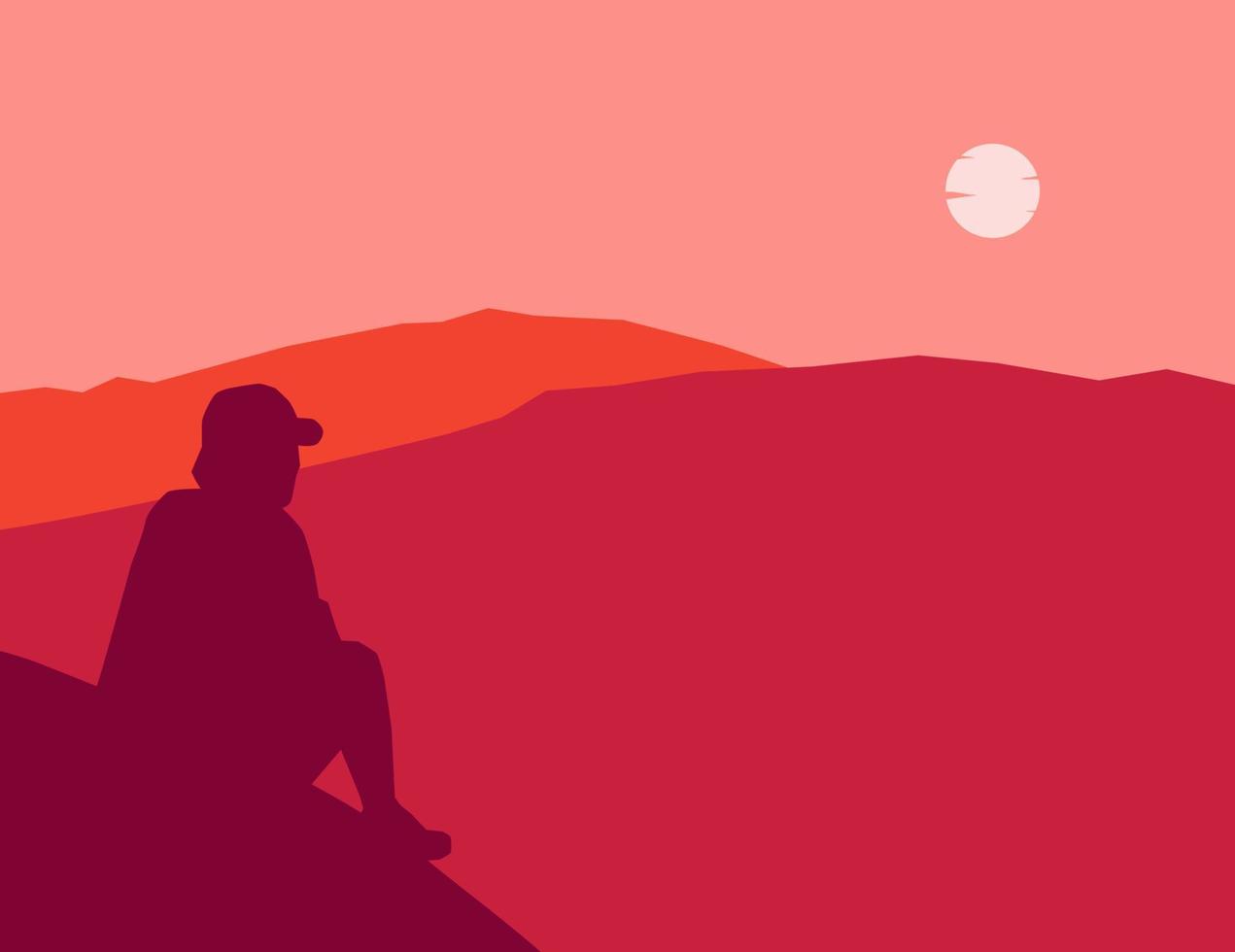 Vector illustration of a man sitting on a mountain with a beautiful view of the mountains. Illustration of a mountain