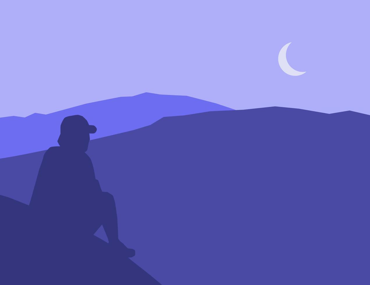 ilustración vectorial de un hombre sentado en una montaña con una hermosa vista de las montañas. ilustración de una montaña vector