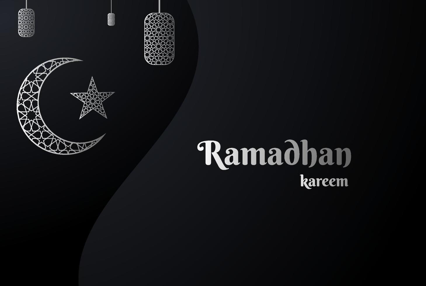 Black Ramadan Kareem Vector Card with 3d Silver Crescent and Star for Muslim Holy Month Celebration
