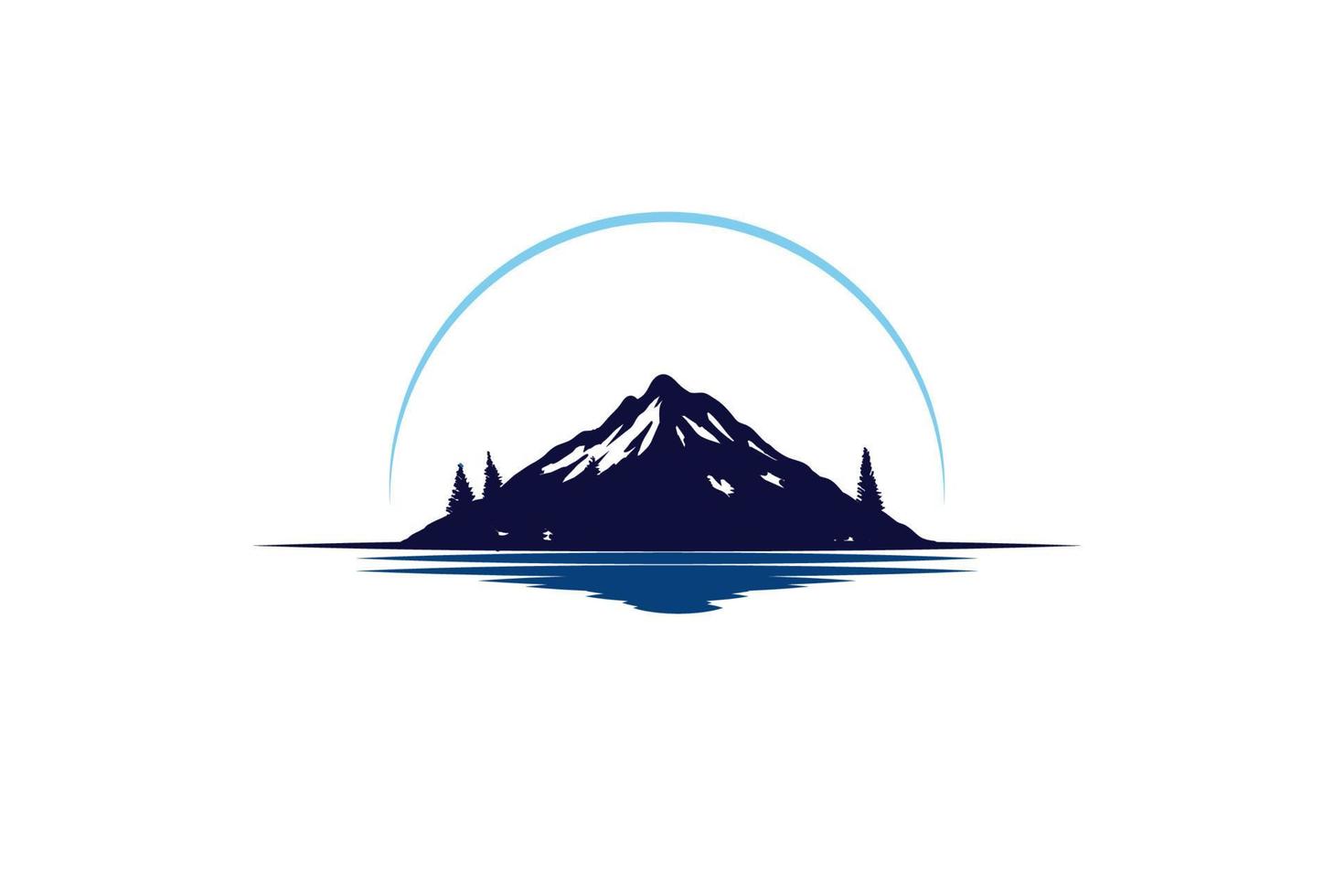 Mountain with Pine Cedar Conifer Cypress Evergreen Tree Forest and Lake River Creek Logo Design Vector