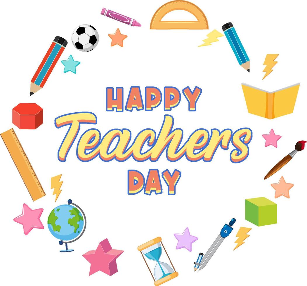 Happy Teachers Day logo banner with school objects vector