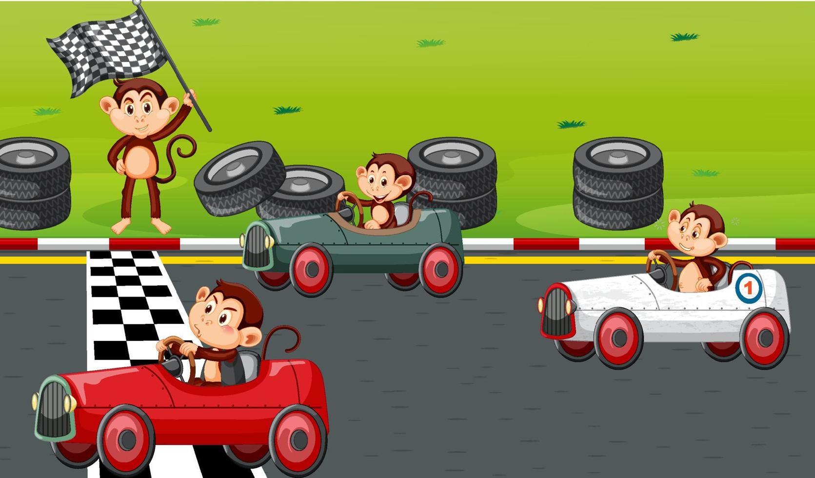 Race track scene with monkey racing drivers vector