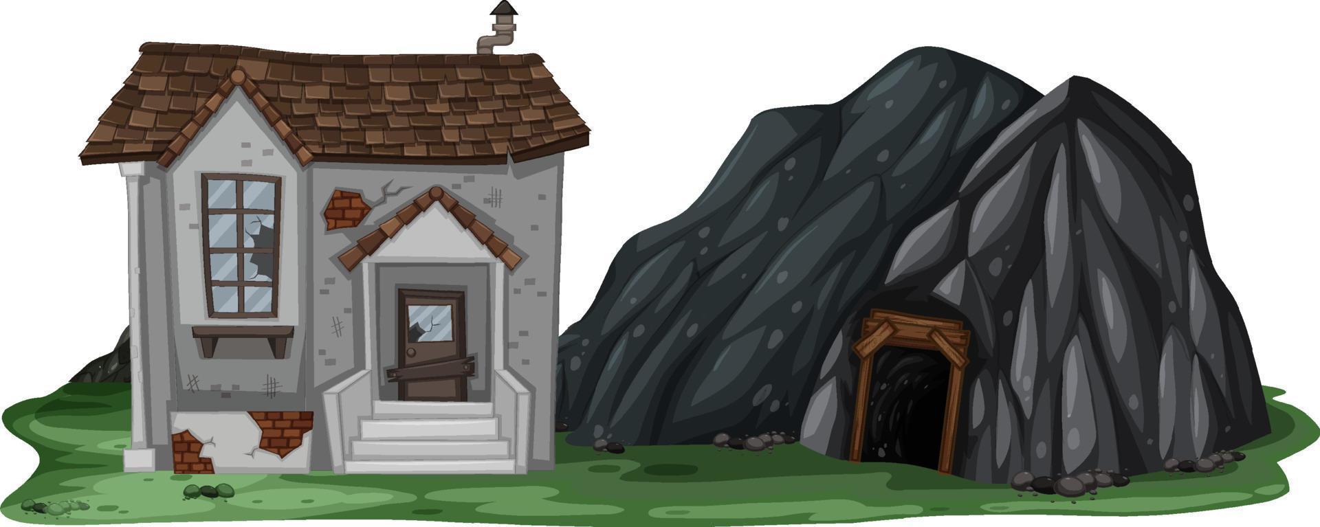 An abandoned house with a rock cave on white background vector