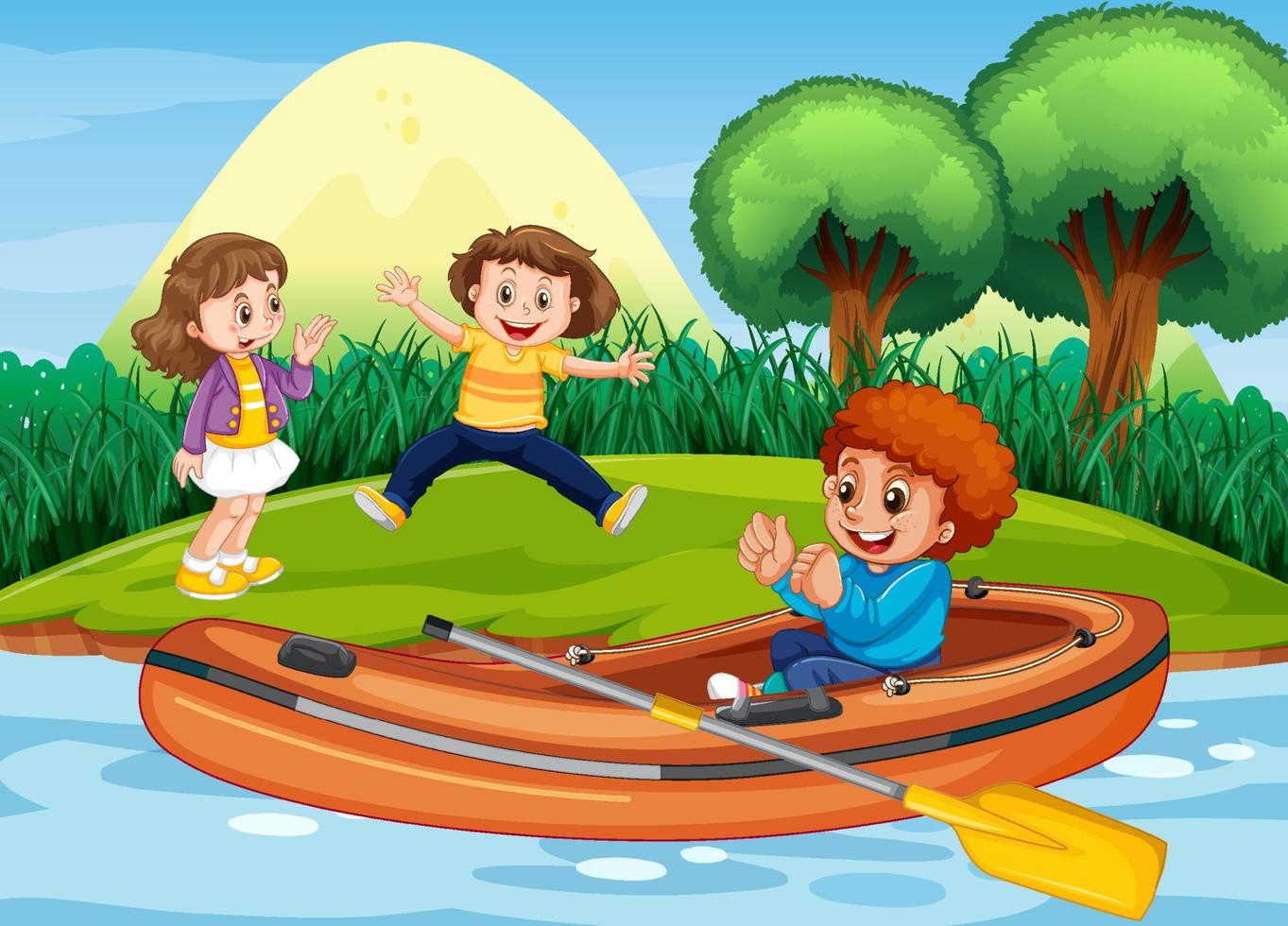 Nature scenery with children and inflatable boat vector