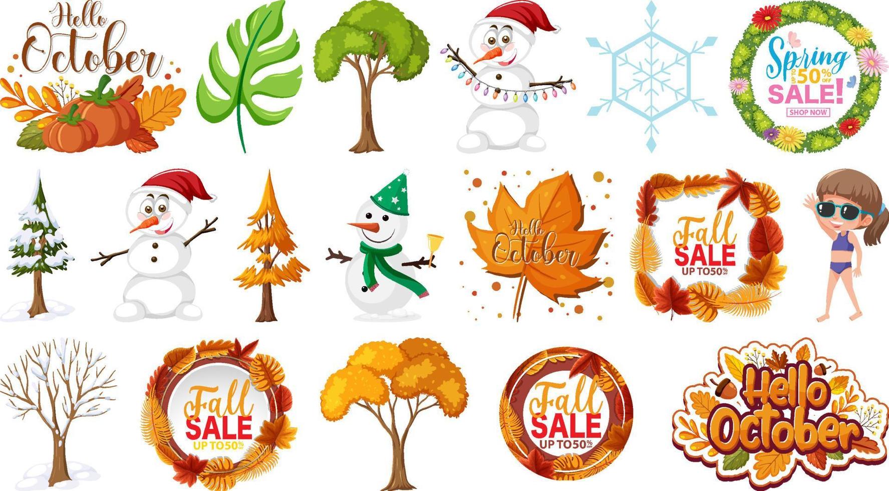 Set of four seasons trees and nature objects vector