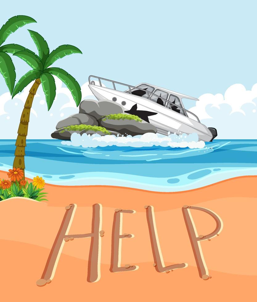 Help sign on deserted island with speedboat crash on rocky island vector