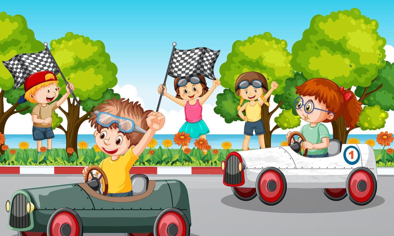 Escena del parque con coche de carreras para niños. vector