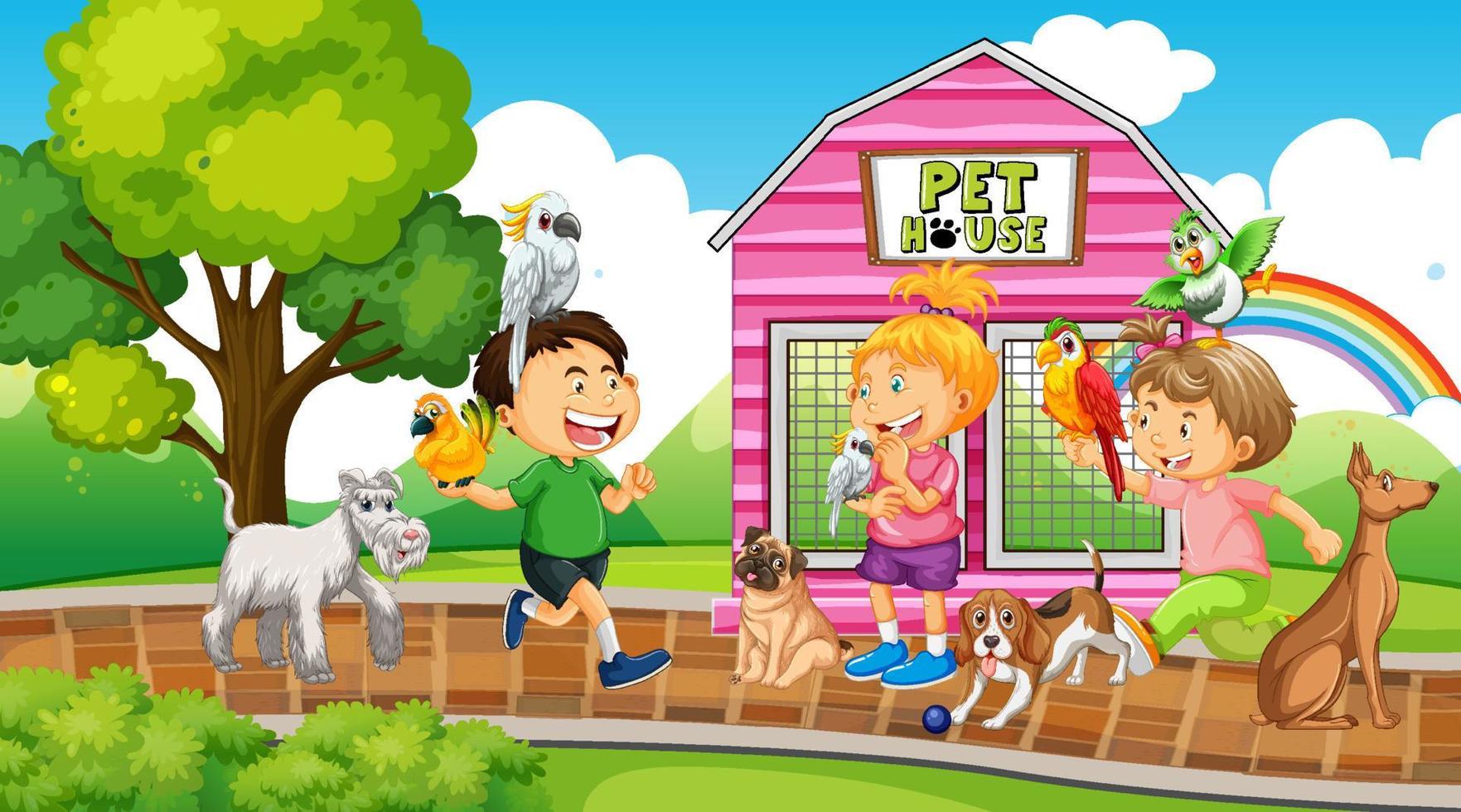 Park scene with children playing with their animals vector