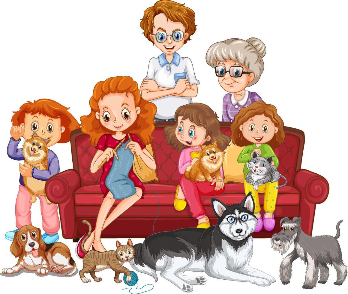 Big family members with many dogs vector