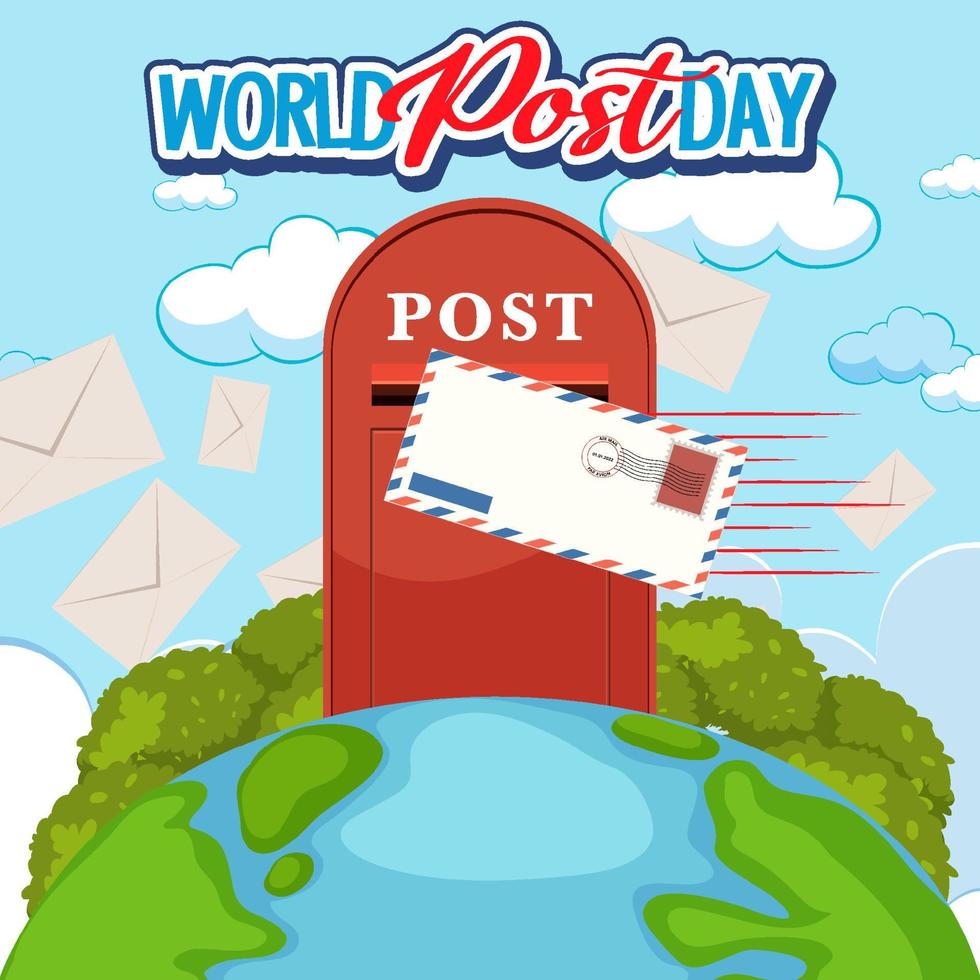 World Post Day word logo with a postbox on earth vector