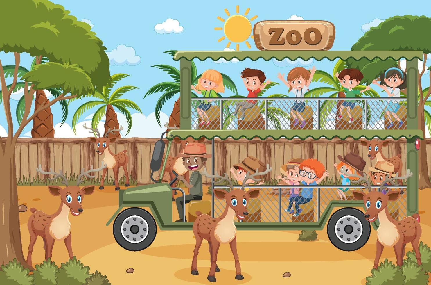 Safari scene with kids on tourist car watching deer group vector