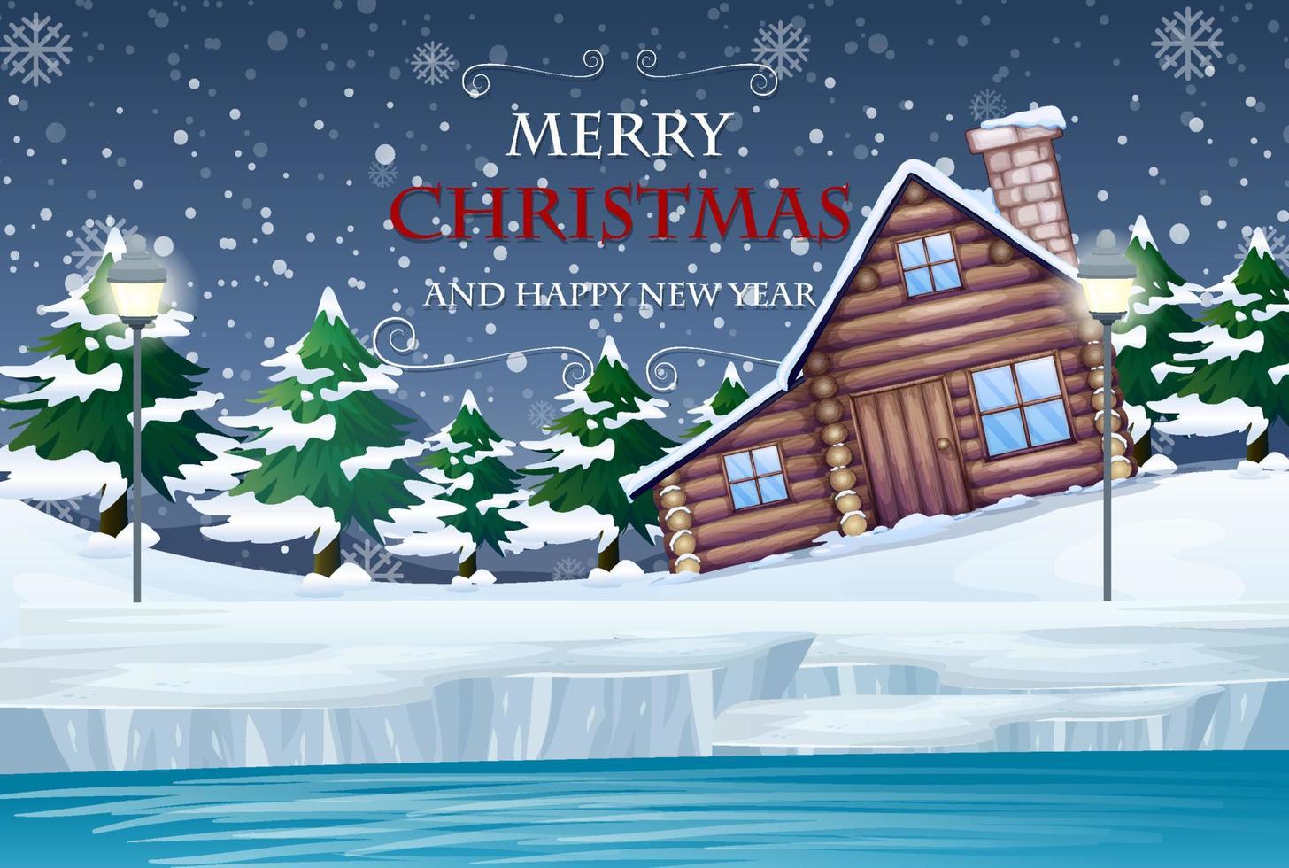Merry Christmas poster with Snowy city at night vector