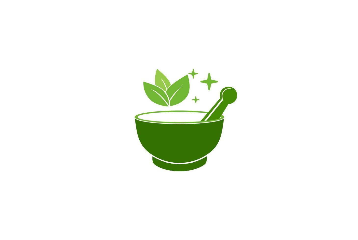 Green Mortar and Pestle with Leaf Leaves for Herbal Medicine Logo Design Vector