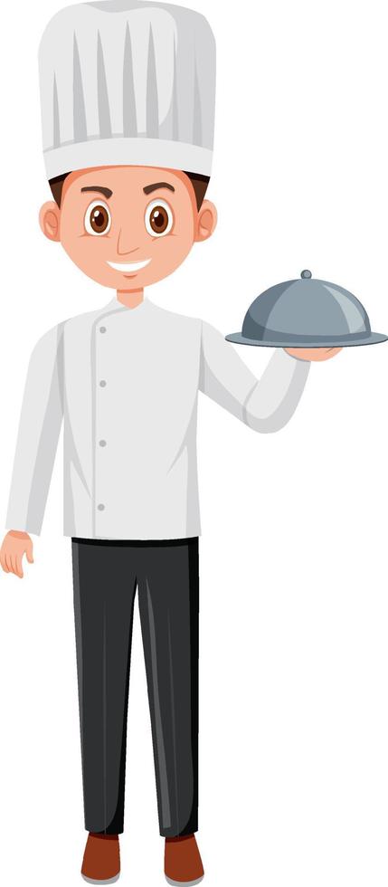 A chef holding food cartoon character on white background vector