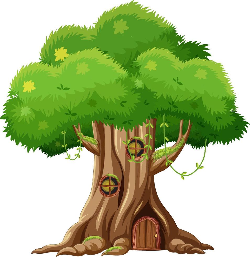 Fantasy tree house inside tree trunk on white background vector